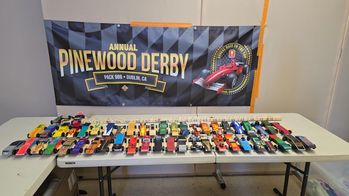 Pinewood Derby cars lined up on a table